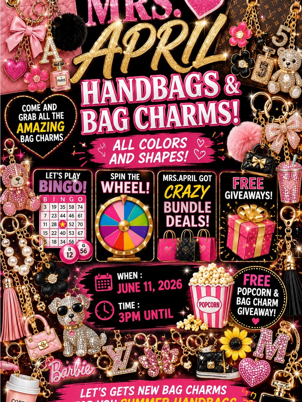 Mrs. April Handbags & Bag Charms Graphic Poster - Pink, Gold, Black